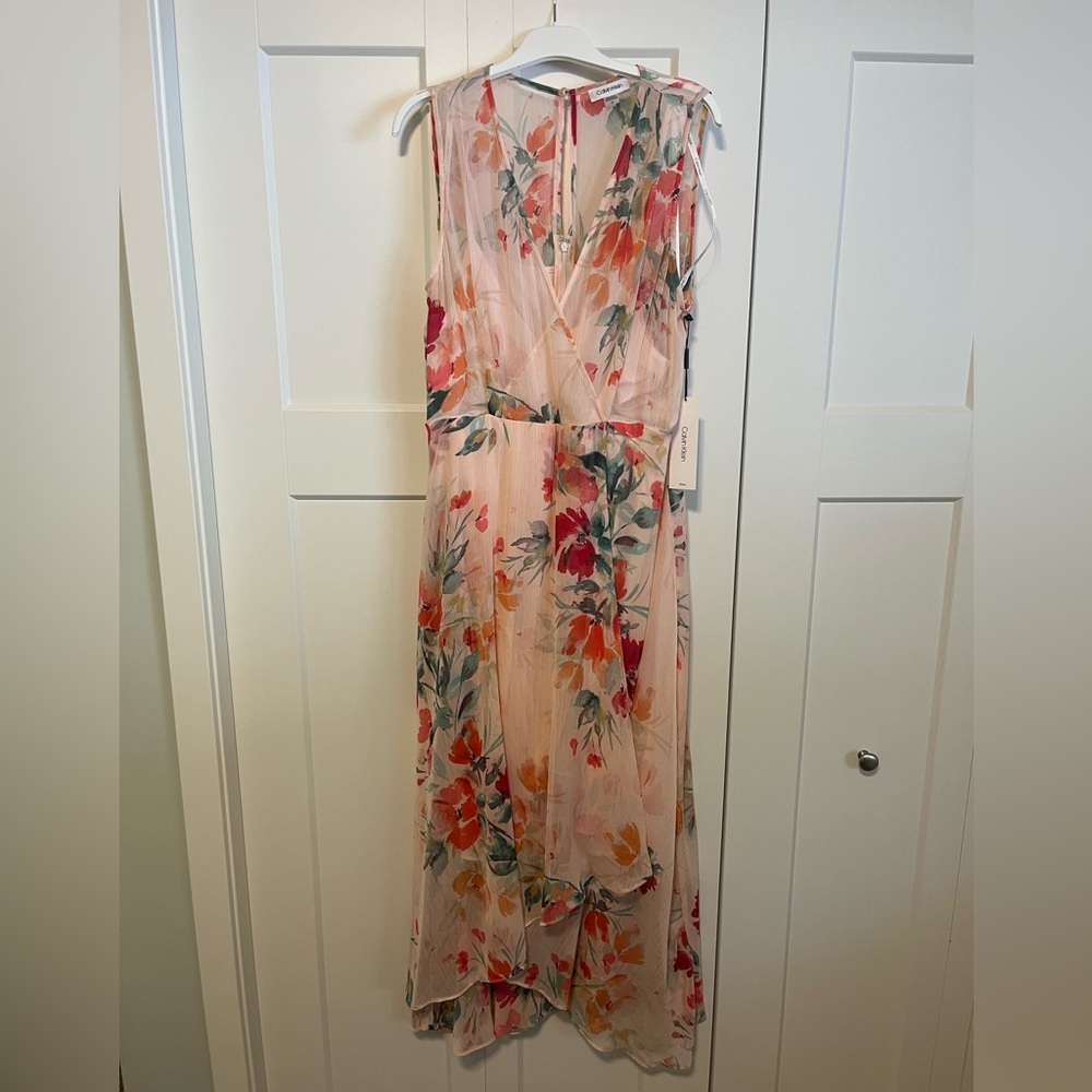 Calvin Klein Womens Sheer Hi-Low Midi Dress SZ 14